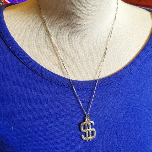 18" Silver Tone Dollar Sign Pendant Necklace Style - Picture 2 of 4